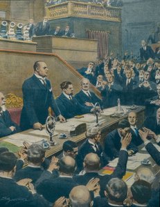MUSSOLINI, Benito (1883-1945). Político fascista italiano, o duce italiano (líder) (1925-1943). Mussolini anuncia ao Senado a aliança alcançada entre as quatro potências ocidentais. Achille Beltrame (1871-1945), de La Domenica del Corriere, 7 de junho. de Achille Beltrame