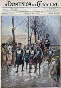 Marcha organizada em Varsóvia para exercitar a população no uso de máscaras de gás - desenho de A. Beltrame, em "la Domenica del Corriere" de 22/11/1931 de Achille Beltrame