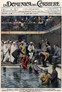 Batismos em massa: Em Glasgow, Escócia, mais de cem pessoas, membros da nova Igreja Bíblica Verdadeira, foram baptizados na piscina municipal. Ilustração de Beltrame. La Domenica del Corriere. 22/07/1928. de Achille Beltrame