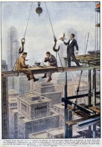 Refeição de dois capatazes em equilíbrio no quadro de um arranha-céus em Nova Iorque - desenho de A. Beltrame, em "La Domenica del Corriere". de Achille Beltrame
