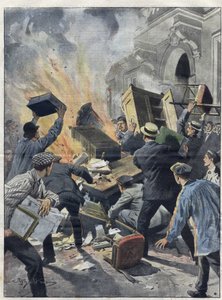 Crise do vinho Midi em 1907: viticultores ateiam fogo à Câmara Municipal de Beziers (Herault). Ilustração de Achille Beltrame, de 1907. de Achille Beltrame