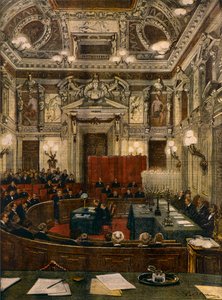 Novo Conselho Municipal de Milão em sessão, por Achille Beltrame (1871-1945), de La Domenica del Corriere de Achille Beltrame