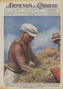 Mussolini, de peito nu sob o sol, debulha os grãos de Agro Pontino depois de vinte séculos