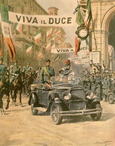 A chegada triunfal de Mussolini a Turim, por Achille Beltrame (1871-1945) a partir da edição de La Domenica del Corriere, outubro de 1932 de Achille Beltrame