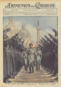 Na XIV Milícia Anual, o Duce passa entre os mosqueteiros que o cumprimentam