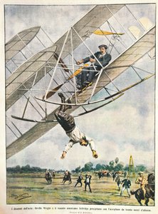 Orville Wright e o Tenente Seliridge mergulhando com biplano de trinta metros, Estados Unidos da América, ilustração de Achille Beltrame de La Domenica del Corriere, 11 de outubro de Achille Beltrame
