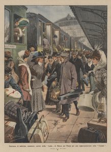 Partida, de dançarinos, jogadores, cantores, da Scala de Milão para Paris para uma representação da Vestal de Achille Beltrame