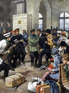 Os passageiros foram atacados numa estação ferroviária na Europa por assaltantes e roubados na sala de espera. Ill. de Beltrame. La Domenica del Corriere. 07/1909. de Achille Beltrame