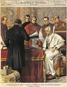 Papa Leone XIII lendo Bênção em gramofone, de Achille Beltrame (1871-1945), de La Domenica del Corriere, 29 de março de 1903 de Achille Beltrame