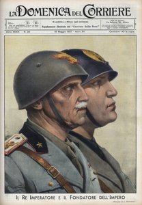 Perfis do Rei Vittorio Emanuele (Victor Emmanuel) III e Duce Benito Mussolini, fundador do império, à maneira dos imperadores romanos. Ilustração de Achille Beltrame em "La domenica del Corriere" de 16/05/1937. de Achille Beltrame