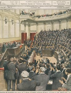 Reabertura do Parlamento Italiano na noite de 22 de Fevereiro, aplaudindo o exército após a sua bem sucedida campanha na Líbia, por Achille Beltrame, ilustração, Ilustrador Achille Beltrame (1871-1945), de La Domenica del Corriere, 3 de Março de 1912 de Achille Beltrame