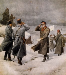 Retomada da guerra, parlamentar turco chegando ao acampamento búlgaro com mensagem anunciando o fim do armistício, Por Achille Beltrame (1871-1945), ilustração de La Domenica del Corriere, 9 de fevereiro de Achille Beltrame