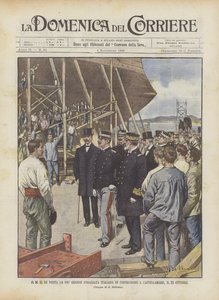 SM o rei visita o maior navio de guerra italiano em construção em Castellamare, 23 de outubro