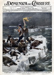 Os pescadores de focas, alguns dos quais morreram, permaneceram encalhados no oceano à deriva do gelo. Ill. de Beltrame. "La Domenica del corriere". 12-19/04/1914. de Achille Beltrame