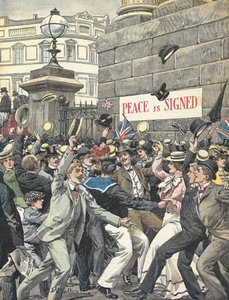 Segunda Guerra Bôer. Anúncio do fim da guerra nas ruas de Londres. Ilustração de Antonio Beltrame. "La Domenica del Corriere" de Achille Beltrame