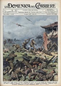 Segunda Guerra Sino-Japonesa (1937-1945): confrontos entre armas japonesas e chinesas perto de Pekin, os japoneses exterminam rapidamente um batalhão chinês inteiro. Ilustração de Achille Beltrame de "La domenica del corriere" de 08/08/1937. de Achille Beltrame