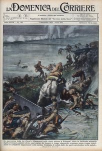 Segunda Guerra Sino-Japonesa (1937-1945): confrontos em campos de arroz perto de Xangai. Ilustração de Achille Beltrame de "La domenica del corriere" de 11/07/1937. de Achille Beltrame