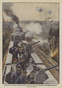 Sempre novos meios destrutivos na guerra moderna, luta entre dois trens blindados (um dos alemães e um francês) em Flandres