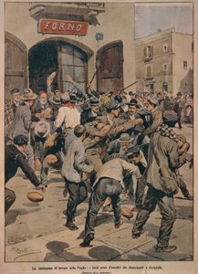 Grave escassez de trabalho na Apúlia, Fornos sendo invadidos por desempregados de Cerignola, de Achille Beltrame, ilustração, Ilustrador Achille Beltrame (1871-1945), de La Domenica del Corriere, 20 de dezembro de 1908 de Achille Beltrame