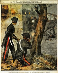 Evento mafioso siciliano, Luta entre carabinieri e mafiosos em Trapani, de Achille Beltrame, ilustração, Ilustrador Achille Beltrame (1871-1945), de La Domenica del Corriere, 31 de dezembro de 1899 de Achille Beltrame