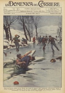 Sobre um riacho congelado, perto de Biella, uma multidão de meninos estava patinando feliz