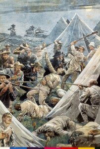 África do Sul. Segunda Guerra bôer. Ataque ao campo inglês de Tweefontein (1902). Ilustração de Achille Beltrame. Gravura. de Achille Beltrame