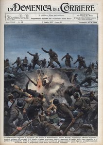 Guerra Civil Espanhola: Uma divisão de voluntários italianos foge do Exército Republicano Espanhol na região de Mérida, Espanha. Ilustração de Achille Beltrame em "La domenica del Corriere" de 11/07/1937. de Achille Beltrame