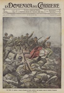 No Veliki, um capitão corre para o topo com o peito envolto em uma bandeira carregada por Gabriele dAnnunzio