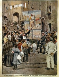 A Domenica del Corriere (jornal dominical italiano) de 8 de dezembro de 1910, canções populares inspiradas na guerra na Líbia sendo cantadas em Nápoles por cantores de balada, por Achille Beltrame, ilustração de Achille Beltrame