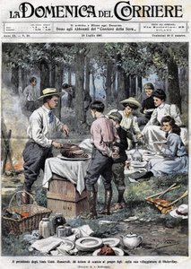 O Presidente dos Estados Unidos Theodore Roosevelt (1858 - 1919) ensinou aos seus filhos os deveres de um homem de boa sociedade, cortando-lhe a perna durante um piquenique na sua segunda residência em Oister Bay. Ilustração de Achille Beltrame. La Domenic de Achille Beltrame