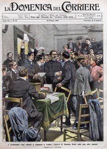 A chegada de Maxim Gorki à sala de reuniões do Congresso em Londres, após a revolução de 1905 na Rússia. Capa da La Domenica del Corriere de 26/05/1907. de Achille Beltrame
