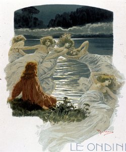 As personagens das ondinas, jovens ninfas das águas da mitologia germânica. Ilustração de A. Beltrame. de Achille Beltrame