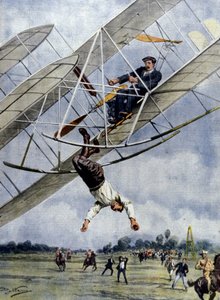 Os dramas do ar: Orville Wright e o tenente americano Selfridge lançam-se com o seu avião a uma altitude de trinta metros. Ilustração de Beltrame. La Domenica del Corriere. 1908. de Achille Beltrame