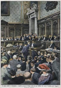 Os grandes procés: os grandes procés em Paris de Madame Caillaux que assassinou o diretor do Figaro. "La Domenica del Corriere", de 22 a 29 de Novembro de 1914. de Achille Beltrame