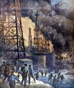 O inferno do fogo e das chamas. O incêndio do poço de petróleo Signal Hill na Califórnia. Ill. por W. Beltrame. "La Domenica del corriere", 28/12/1924. de Achille Beltrame