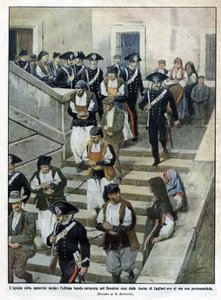 O último bando de malfeitores sardos quando deixam o Tribunal de Assize em Cagliari, onde se realiza o julgamento. Ilustração de Beltrame. La Domenica del Corriere. 07/1913. de Achille Beltrame