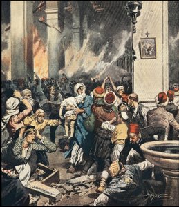 Os massacres de armênios na Turquia em 1909 em Adana, ilustração de Achilles Beltrame (1871-1945) em "La Domenica del Corriere" de maio de 1909 de Achille Beltrame