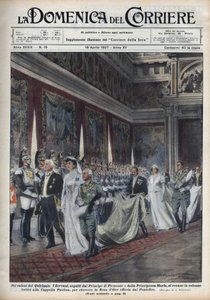 O casal real, Victor Emmanuel III (Victor-Emmanuel) (Vittorio Emanuele III) (1869-1947) e sua esposa Helene de Montenegro, seguida pelo Príncipe Humbert (Umberto) II e Maria José (Marie-Jose da Bélgica, Maria José de Savoie) vão para a Capela Paolina (Paol de Achille Beltrame
