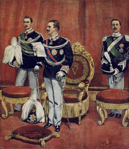 O juramento do Rei Vittorio Emanuele III nas Câmaras do Senado em Roma, por Achille Beltrame (1871-1945), de La Domenica del Corriere de Achille Beltrame