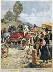 Passeio de carro pela Itália, patrocinado pelo Corriere della Sera, ilustração de Achille Beltrame de La Domenica del Corriere, 19 de maio de Achille Beltrame