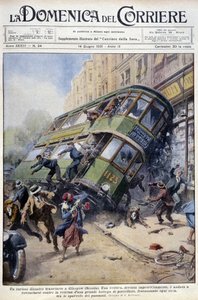 Acidente com o eléctrico em Glasgow, Escócia: um dos carros derramou-se sobre uma vitrina de porcelana e sobre transeuntes - desenho de A. Beltrame, em "La Domenica del Corriere" de 1 de Fevereiro de 1931. de Achille Beltrame