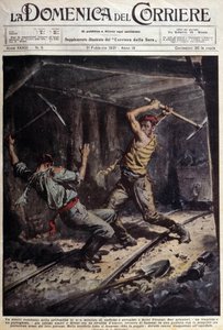 Dois mineiros franceses e portugueses lutando com seus machados em uma galeria por causa de uma história de amor - desenho de A. Beltrame, em "La Domenica del Corriere" de 1º de fevereiro de Achille Beltrame
