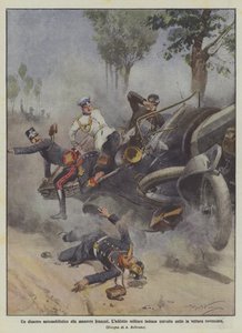Um desastre de carro nas manobras francesas, o militar alemão Laden subjugado sob o carro capotado