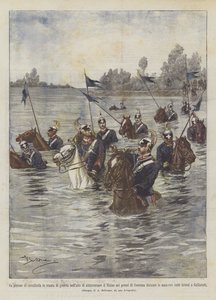 Um pelotão de cavalaria em uma propriedade de guerra no ato de cruzar o Ticino próximo