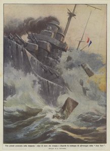 Um grande navio de guerra na tempestade, um golpe do mar rasgando e dispersando os barcos