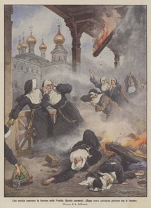 Um convento histórico em chamas em podolia (Rússia Européia), cinco freiras católicas morreram nas chamas