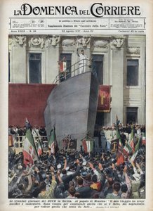 Visita do Duque Benito Mussolini a Messina durante uma viagem à Sicília. Ilustração de Achille Beltrame de "La domenica del corriere" de 22/08/1937. de Achille Beltrame