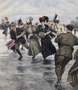 Diversão de Inverno. Skaters. ilustração de Achille Beltrame em 1907. de Achille Beltrame