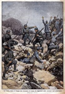 A Primeira Guerra Mundial: Frente italiana no planalto do Carso (Trentino) e prisioneiros no subsolo. "Domenica del Corriere". 19/07/1917 (litografia) de Achille Beltrame