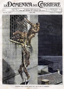 fuga de três prisioneiros da prisão Finalmarina na Itália em 1907. Iluustração de Achille Beltrame para a Domenica del Corriere de 3 de março de Achille Beltrame